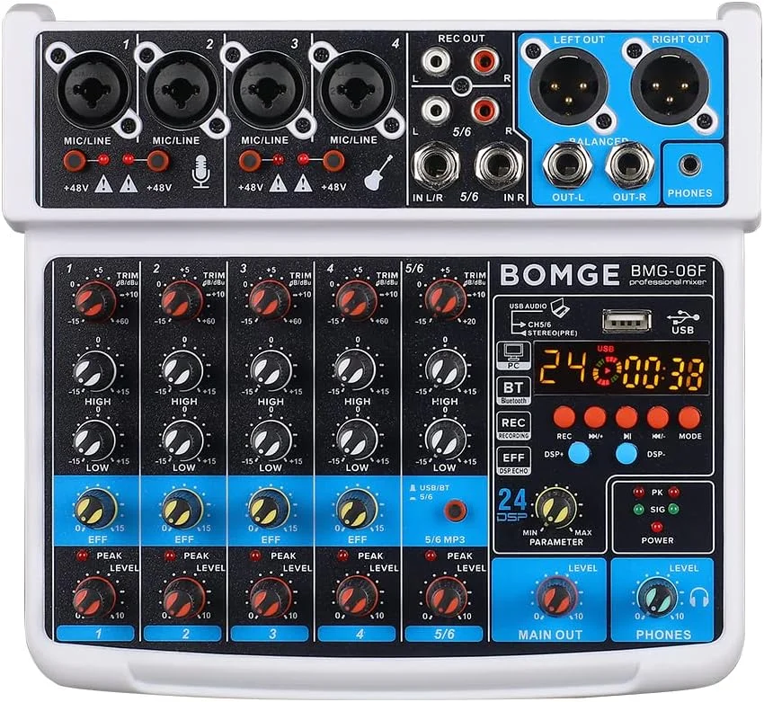 میکسر صوتی دی جی کوچک 6 کانال BOMGE با رابط USB، بلوتوث، ضبط استریو، فانتوم پاور 48 ولت، 24 افکت DSP برای کارائوکه، آواز، پخش زنده، استریمینگ، ضبط کامپیوتر (سفید) میکسر صوتی دی جی کوچک 6 کانال BOMGE با رابط USB، بلوتوث، ضبط استریو، فانتوم پاور 48 ولت، 24 افکت DSP برای کارائوکه، آواز، پخش زنده، استریمینگ، ضبط کامپیوتر (سفید)
