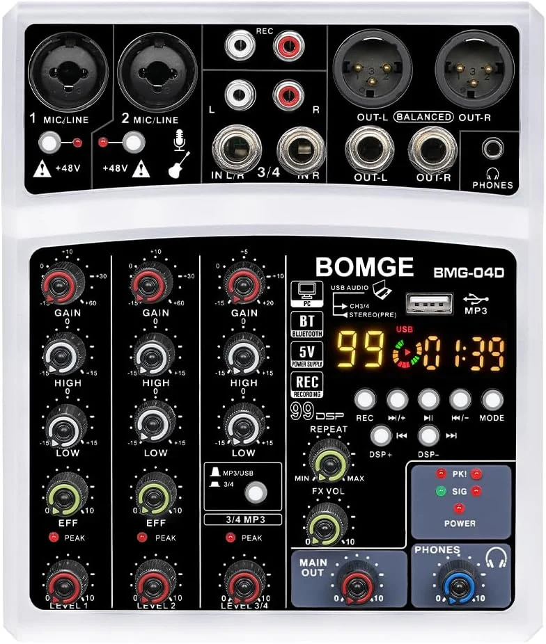 میکسر صوتی بلوتوثی کوچک 4 کاناله BOMGE مدل dj با افکت، رابط USB، ضبط استریو، فانتوم پاور 48 ولت برای کامپیوتر، تلفن (سفید)
