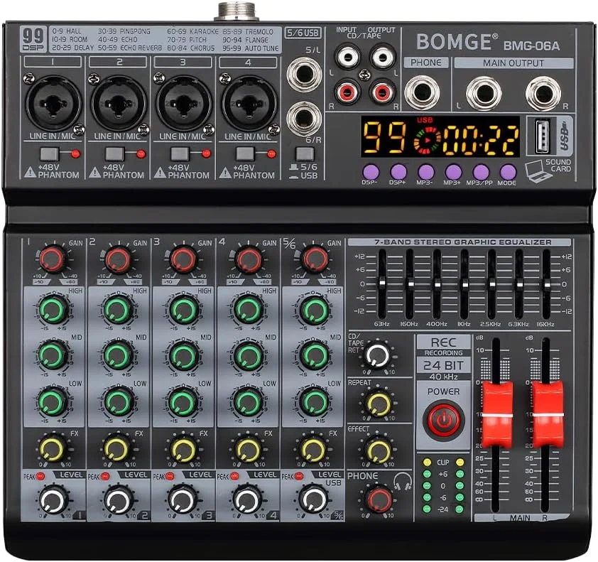 میکسر صوتی حرفه ای 6 کاناله BOMGE 06A DJ، میکسر صدای کنترلر DJ با 99 افکت DSP، اکولایزر 7 باندی مستقل 48 ولت رابط USB بلوتوث برای استودیو میکسر صوتی حرفه ای 6 کاناله BOMGE 06A DJ، میکسر صدای کنترلر DJ با 99 افکت DSP، اکولایزر 7 باندی مستقل 48 ولت رابط USB بلوتوث برای استودیو