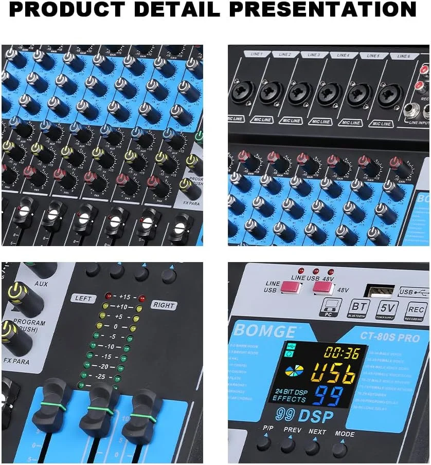 میکسر حرفه ای صدا BOMGE، کنسول 8 کاناله با رابط صوتی USB، ضبط USB-B، عملکرد BT، 99 افکت DSP، فانتوم پاور 48 ولت، استریو DJ Studio FX Steel (8 کانال - 99DSP)