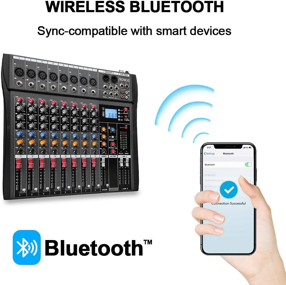 میکسر صوتی BOMGE CTX با 8/12/16 کانال، کنسول میکس صدا با بلوتوث USB، ورودی ضبط PC، جک میکروفون XLR، برق 48 ولت، ورودی/خروجی RCA برای حرفه ای ها و مبتدیان (CTX8-8 کانال)
