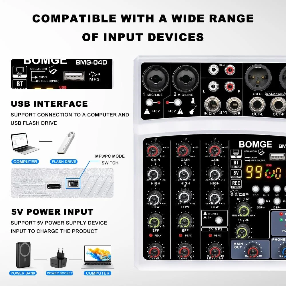 میکسر صوتی بلوتوثی کوچک 4 کاناله BOMGE مدل dj با افکت، رابط USB، ضبط استریو، فانتوم پاور 48 ولت برای کامپیوتر، تلفن (سفید) میکسر صوتی بلوتوثی کوچک 4 کاناله BOMGE مدل dj با افکت، رابط USB، ضبط استریو، فانتوم پاور 48 ولت برای کامپیوتر، تلفن (سفید)