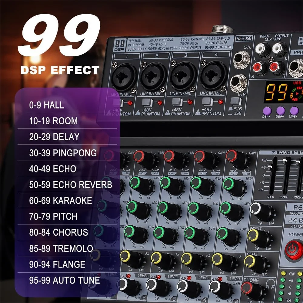 میکسر صوتی حرفه ای 6 کاناله BOMGE 06A DJ، میکسر صدای کنترلر DJ با 99 افکت DSP، اکولایزر 7 باندی مستقل 48 ولت رابط USB بلوتوث برای استودیو میکسر صوتی حرفه ای 6 کاناله BOMGE 06A DJ، میکسر صدای کنترلر DJ با 99 افکت DSP، اکولایزر 7 باندی مستقل 48 ولت رابط USB بلوتوث برای استودیو