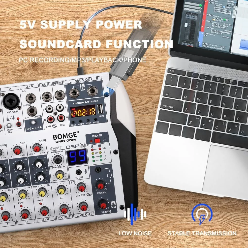 میکسر صوتی حرفه ای 6 کانال بلوتوث BOMGE با رابط صوتی USB، 2 ورودی ترکیبی میکروفون/لاین/گیتار، 3.5 میلی متر، RCA AUX، 48 ولت، پردازنده DSP 99 24 بیتی (6 کانال) میکسر صوتی حرفه ای 6 کانال بلوتوث BOMGE با رابط صوتی USB، 2 ورودی ترکیبی میکروفون/لاین/گیتار، 3.5 میلی متر، RCA AUX، 48 ولت، پردازنده DSP 99 24 بیتی (6 کانال)