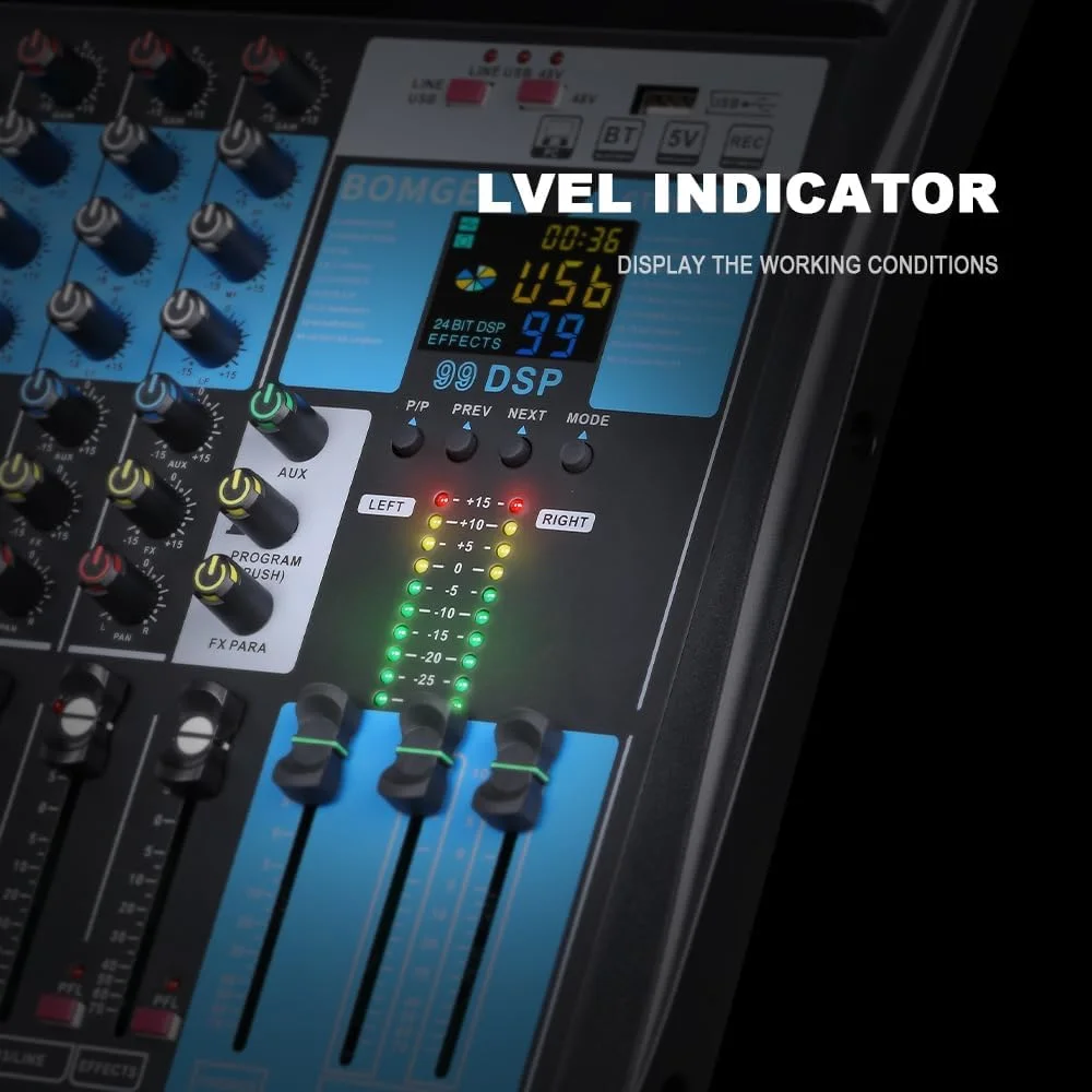 میکسر حرفه ای صدا BOMGE، کنسول 8 کاناله با رابط صوتی USB، ضبط USB-B، عملکرد BT، 99 افکت DSP، فانتوم پاور 48 ولت، استریو DJ Studio FX Steel (8 کانال - 99DSP)