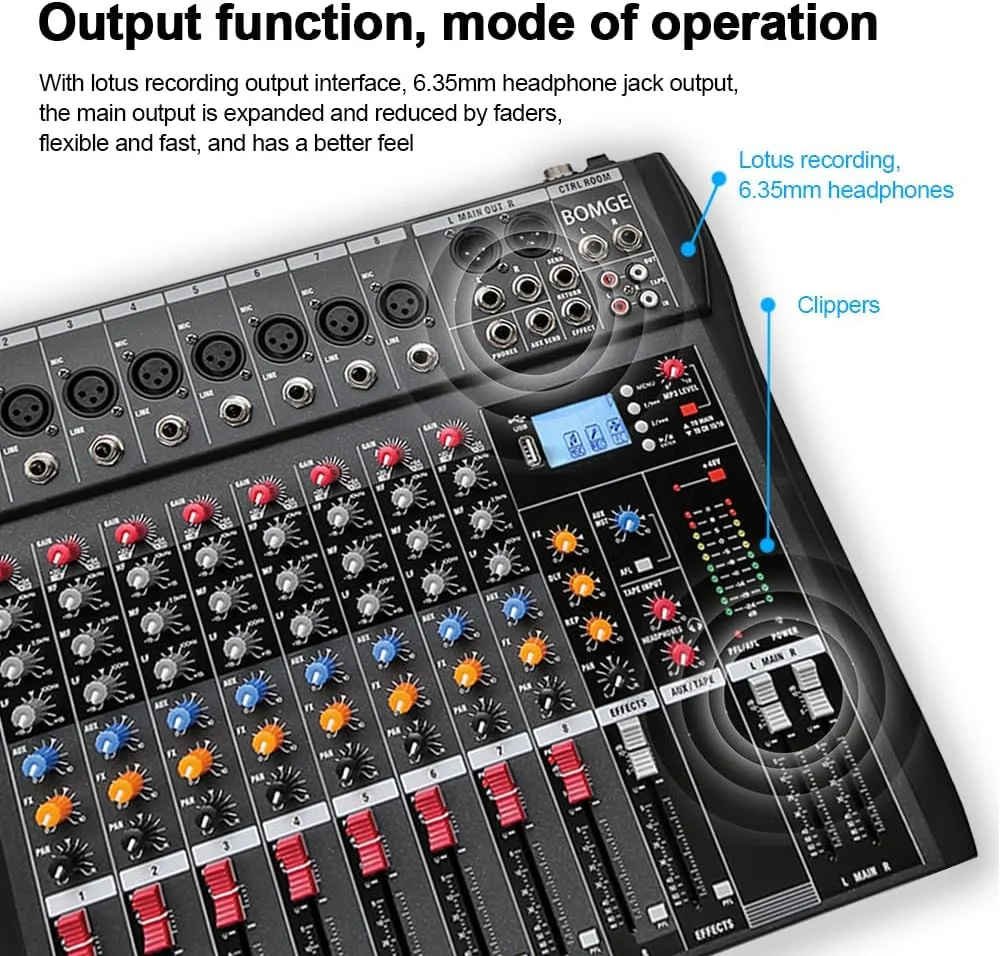 میکسر صوتی BOMGE CTX با 8/12/16 کانال، کنسول میکس صدا با بلوتوث USB، ورودی ضبط PC، جک میکروفون XLR، برق 48 ولت، ورودی/خروجی RCA برای حرفه ای ها و مبتدیان (CTX8-8 کانال)