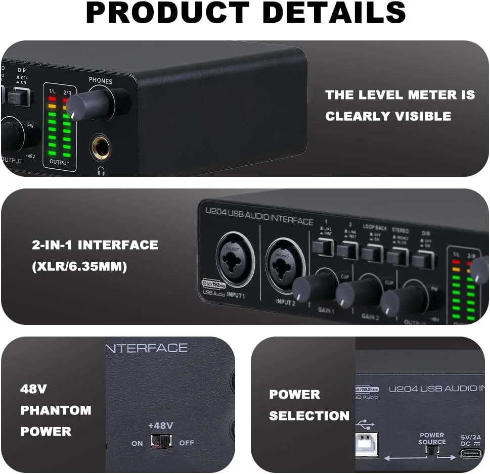 پورت صوتی USB BOMGE U204 برای ضبط موسیقی در رایانه شخصی، اتصال دهنده صوتی گیتار 2x2 برای مک، استریم پادکست 32 بیتی/192 کیلوهرتز برای خوانندگان و تهیه کنندگان با فانتوم پاور 48 ولت پورت صوتی USB BOMGE U204 برای ضبط موسیقی در رایانه شخصی، اتصال دهنده صوتی گیتار 2x2 برای مک، استریم پادکست 32 بیتی/192 کیلوهرتز برای خوانندگان و تهیه کنندگان با فانتوم پاور 48 ولت