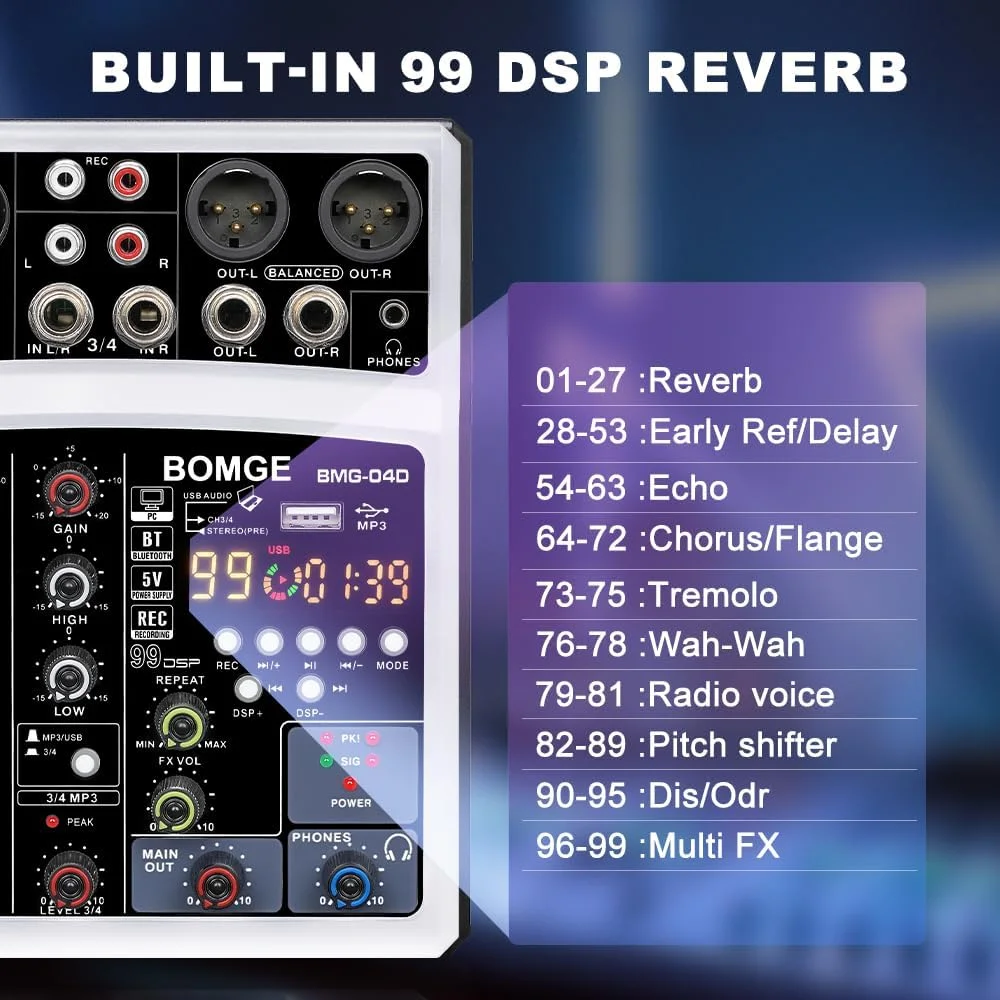 میکسر صوتی بلوتوثی کوچک 4 کاناله BOMGE مدل dj با افکت، رابط USB، ضبط استریو، فانتوم پاور 48 ولت برای کامپیوتر، تلفن (سفید) میکسر صوتی بلوتوثی کوچک 4 کاناله BOMGE مدل dj با افکت، رابط USB، ضبط استریو، فانتوم پاور 48 ولت برای کامپیوتر، تلفن (سفید)