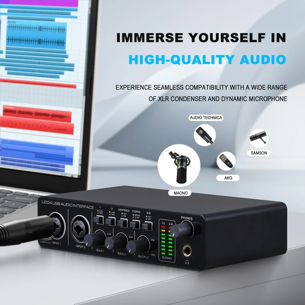 پورت صوتی USB BOMGE U204 برای ضبط موسیقی در رایانه شخصی، اتصال دهنده صوتی گیتار 2x2 برای مک، استریم پادکست 32 بیتی/192 کیلوهرتز برای خوانندگان و تهیه کنندگان با فانتوم پاور 48 ولت پورت صوتی USB BOMGE U204 برای ضبط موسیقی در رایانه شخصی، اتصال دهنده صوتی گیتار 2x2 برای مک، استریم پادکست 32 بیتی/192 کیلوهرتز برای خوانندگان و تهیه کنندگان با فانتوم پاور 48 ولت