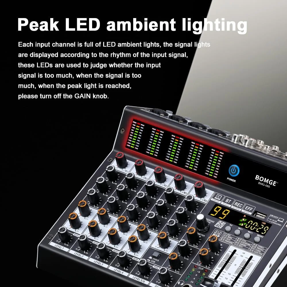 میکسر صوتی حرفه ای BOMGE، کنسول میکس 6 کاناله با 99 افکت DSP، فانتوم 48 ولت، بلوتوث، رابط USB، 2 AUX. پردازنده FX برای ضبط استودیویی و اجراهای زنده میکسر صوتی حرفه ای BOMGE، کنسول میکس 6 کاناله با 99 افکت DSP، فانتوم 48 ولت، بلوتوث، رابط USB، 2 AUX. پردازنده FX برای ضبط استودیویی و اجراهای زنده