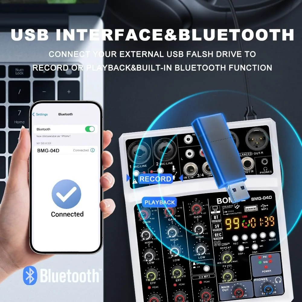 میکسر صوتی بلوتوثی کوچک 4 کاناله BOMGE مدل dj با افکت، رابط USB، ضبط استریو، فانتوم پاور 48 ولت برای کامپیوتر، تلفن (سفید) میکسر صوتی بلوتوثی کوچک 4 کاناله BOMGE مدل dj با افکت، رابط USB، ضبط استریو، فانتوم پاور 48 ولت برای کامپیوتر، تلفن (سفید)