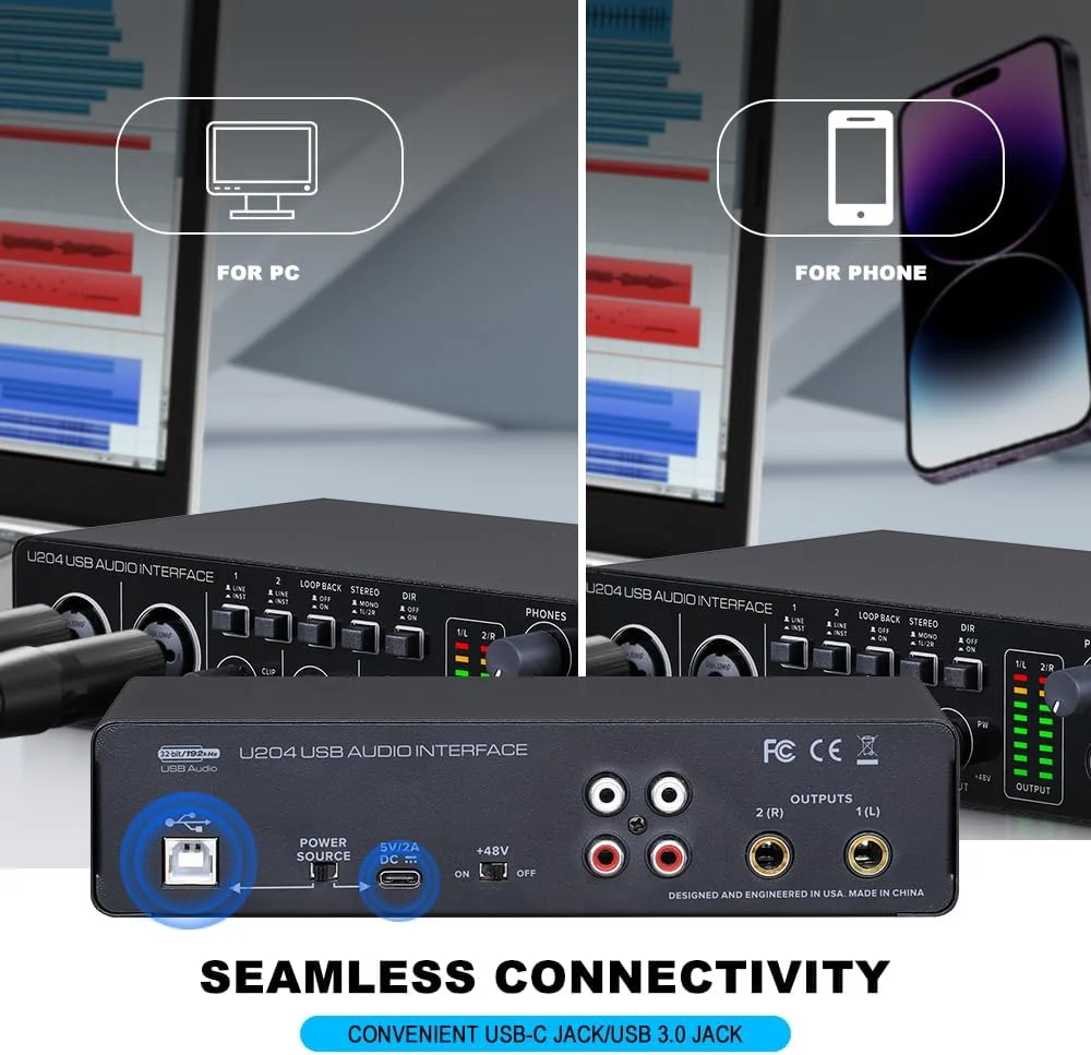 پورت صوتی USB BOMGE U204 برای ضبط موسیقی در رایانه شخصی، اتصال دهنده صوتی گیتار 2x2 برای مک، استریم پادکست 32 بیتی/192 کیلوهرتز برای خوانندگان و تهیه کنندگان با فانتوم پاور 48 ولت پورت صوتی USB BOMGE U204 برای ضبط موسیقی در رایانه شخصی، اتصال دهنده صوتی گیتار 2x2 برای مک، استریم پادکست 32 بیتی/192 کیلوهرتز برای خوانندگان و تهیه کنندگان با فانتوم پاور 48 ولت