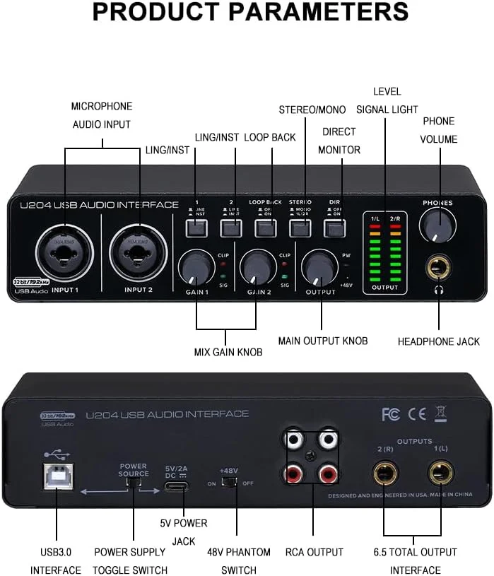 پورت صوتی USB BOMGE U204 برای ضبط موسیقی در رایانه شخصی، اتصال دهنده صوتی گیتار 2x2 برای مک، استریم پادکست 32 بیتی/192 کیلوهرتز برای خوانندگان و تهیه کنندگان با فانتوم پاور 48 ولت پورت صوتی USB BOMGE U204 برای ضبط موسیقی در رایانه شخصی، اتصال دهنده صوتی گیتار 2x2 برای مک، استریم پادکست 32 بیتی/192 کیلوهرتز برای خوانندگان و تهیه کنندگان با فانتوم پاور 48 ولت