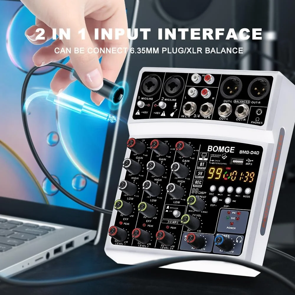 میکسر صوتی بلوتوثی کوچک 4 کاناله BOMGE مدل dj با افکت، رابط USB، ضبط استریو، فانتوم پاور 48 ولت برای کامپیوتر، تلفن (سفید) میکسر صوتی بلوتوثی کوچک 4 کاناله BOMGE مدل dj با افکت، رابط USB، ضبط استریو، فانتوم پاور 48 ولت برای کامپیوتر، تلفن (سفید)
