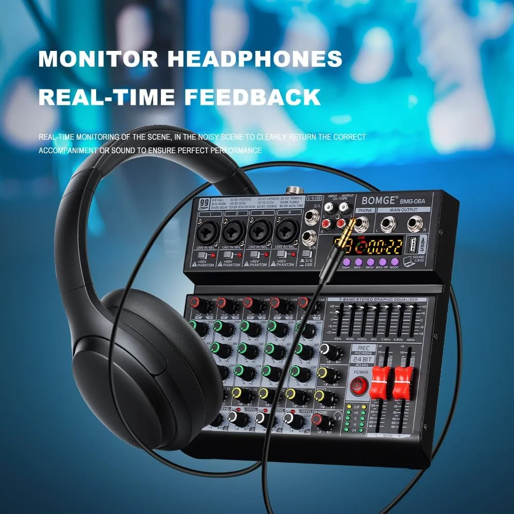 میکسر صوتی حرفه ای 6 کاناله BOMGE 06A DJ، میکسر صدای کنترلر DJ با 99 افکت DSP، اکولایزر 7 باندی مستقل 48 ولت رابط USB بلوتوث برای استودیو میکسر صوتی حرفه ای 6 کاناله BOMGE 06A DJ، میکسر صدای کنترلر DJ با 99 افکت DSP، اکولایزر 7 باندی مستقل 48 ولت رابط USB بلوتوث برای استودیو