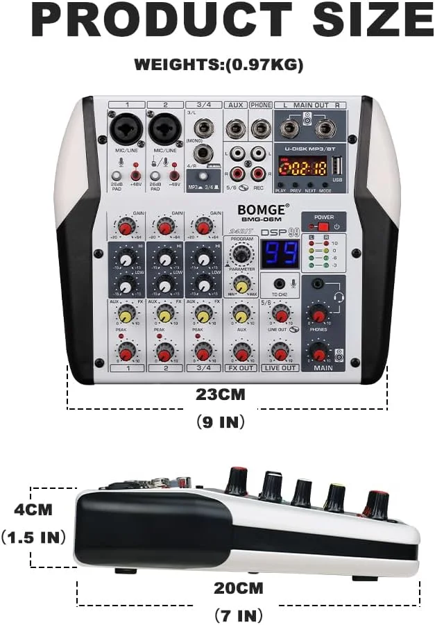 میکسر صوتی حرفه ای 6 کانال بلوتوث BOMGE با رابط صوتی USB، 2 ورودی ترکیبی میکروفون/لاین/گیتار، 3.5 میلی متر، RCA AUX، 48 ولت، پردازنده DSP 99 24 بیتی (6 کانال) میکسر صوتی حرفه ای 6 کانال بلوتوث BOMGE با رابط صوتی USB، 2 ورودی ترکیبی میکروفون/لاین/گیتار، 3.5 میلی متر، RCA AUX، 48 ولت، پردازنده DSP 99 24 بیتی (6 کانال)