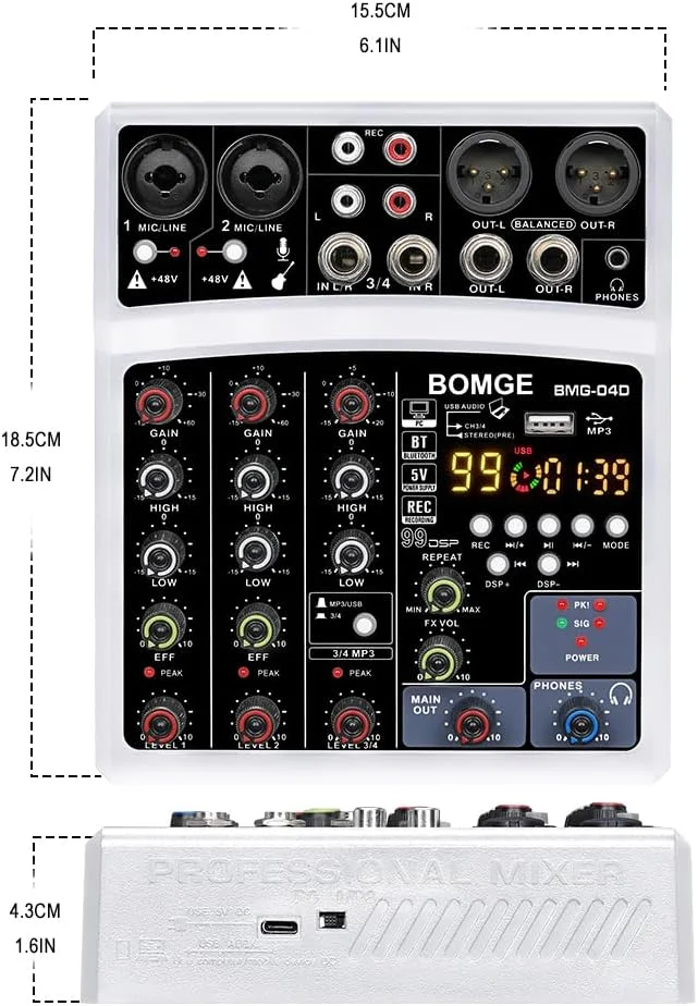 میکسر صوتی بلوتوثی کوچک 4 کاناله BOMGE مدل dj با افکت، رابط USB، ضبط استریو، فانتوم پاور 48 ولت برای کامپیوتر، تلفن (سفید) میکسر صوتی بلوتوثی کوچک 4 کاناله BOMGE مدل dj با افکت، رابط USB، ضبط استریو، فانتوم پاور 48 ولت برای کامپیوتر، تلفن (سفید)