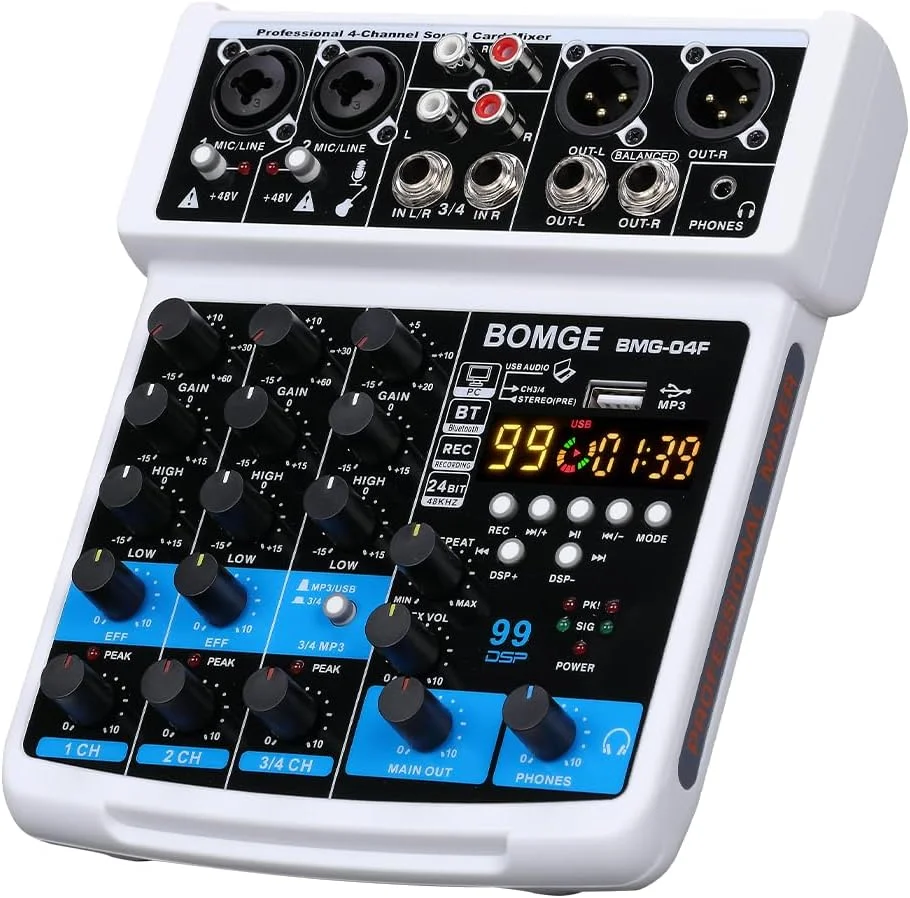 میکسر صوتی 4 کانال BOMGE DJ با رابط ضبط استریو MP3/USB/بلوتوث، (4 کانال - سفید)