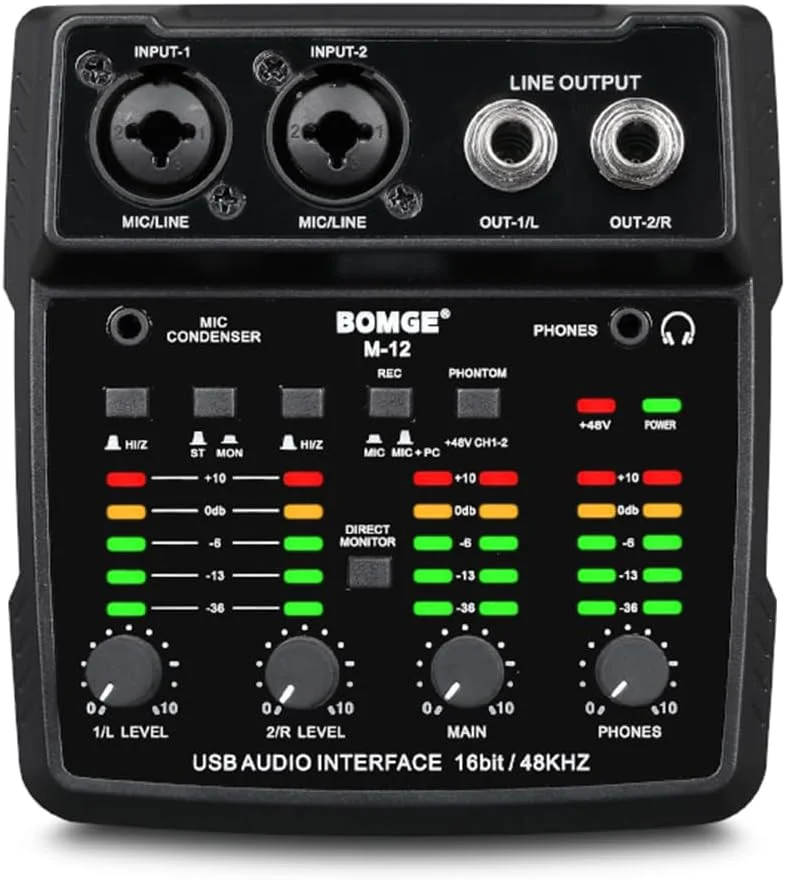 کارت صدای USB BOMGE M12، میکسر 2 کانال، ورودی XLR/3.5mm، منبع تغذیه 48 ولت، کارت صدا برای ضبط کامپیوتر، استودیو، نمایش زنده، کارائوکه، Plug&Play کارت صدای USB BOMGE M12، میکسر 2 کانال، ورودی XLR/3.5mm، منبع تغذیه 48 ولت، کارت صدا برای ضبط کامپیوتر، استودیو، نمایش زنده، کارائوکه، Plug&Play