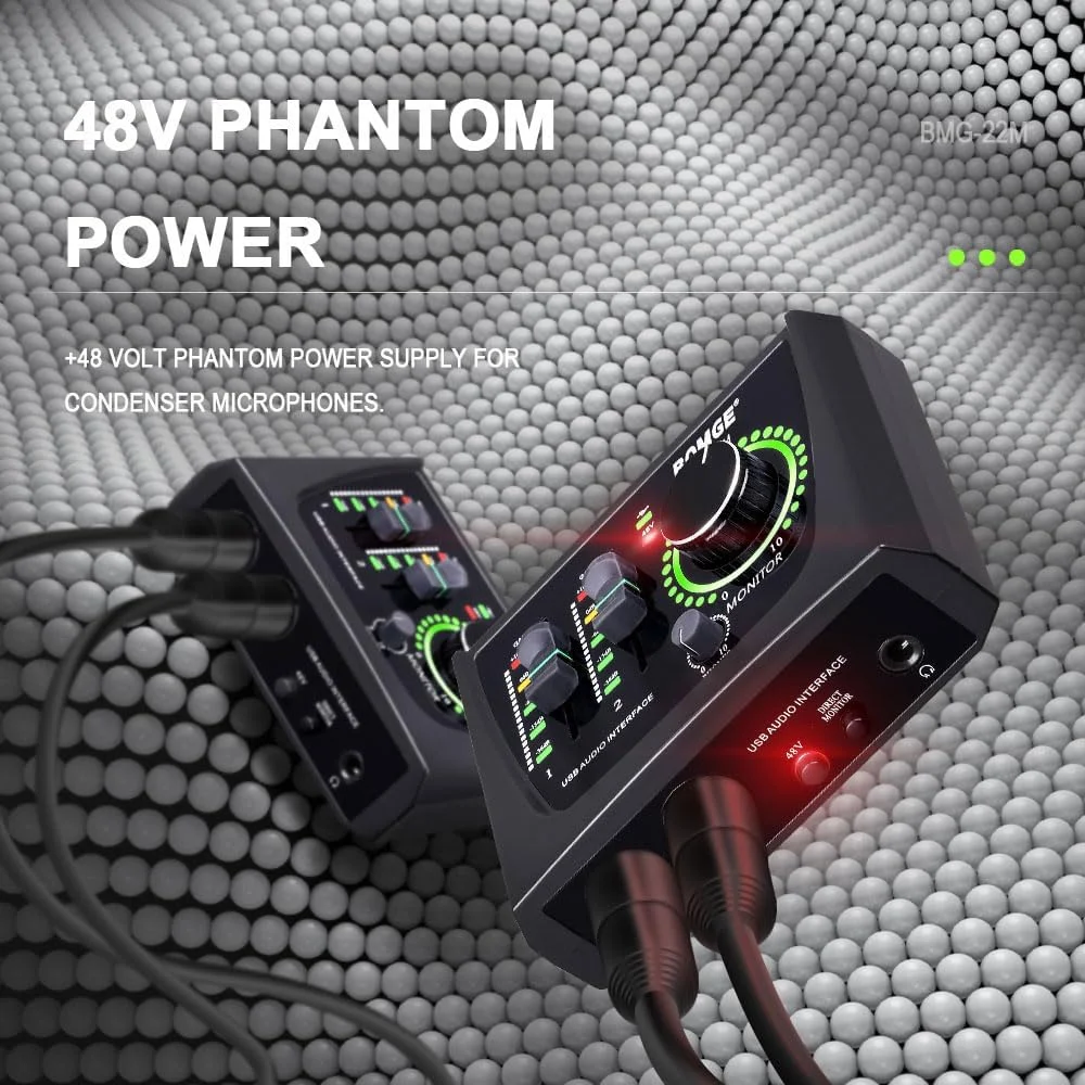 اینترفیس صوتی USB دو کاناله BOMGE Mini برای ضبط، استریم و پادکست، با XLR/48V فانتوم پاور، اینترفیس صوتی با کیفیت استودیویی برای گیتاریست، خواننده، پادکستر یا تهیه کننده