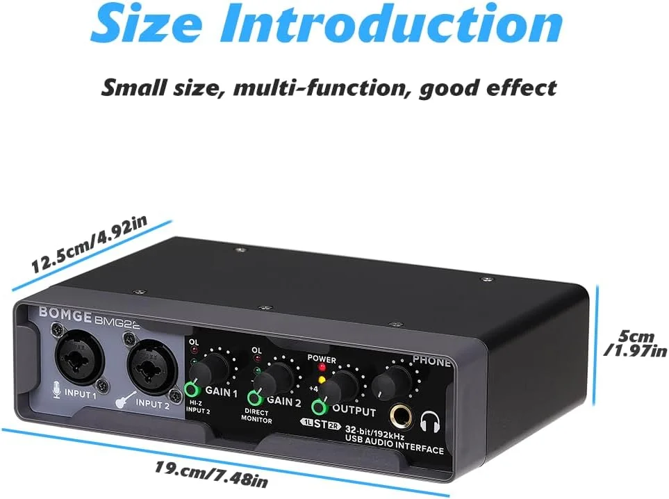 اینترفیس صوتی USB BOMGE (24 بیت/192 کیلوهرتز) با XLR، فانتوم پاور، مانیتورینگ مستقیم، Loopback برای ضبط کامپیوتر، استریمینگ، گیتاریست، وکالیست و پادکست