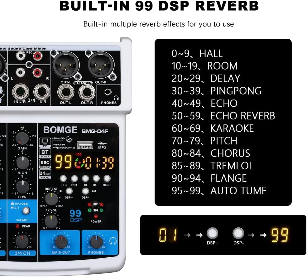 میکسر صوتی 4 کانال BOMGE DJ با رابط ضبط استریو MP3/USB/بلوتوث، (4 کانال - سفید) میکسر صوتی 4 کانال BOMGE DJ با رابط ضبط استریو MP3/USB/بلوتوث، (4 کانال - سفید)