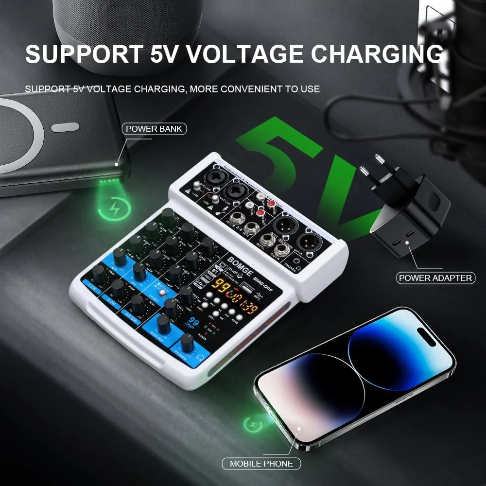 میکسر صوتی 4 کانال BOMGE DJ با رابط ضبط استریو MP3/USB/بلوتوث، (4 کانال - سفید) میکسر صوتی 4 کانال BOMGE DJ با رابط ضبط استریو MP3/USB/بلوتوث، (4 کانال - سفید)