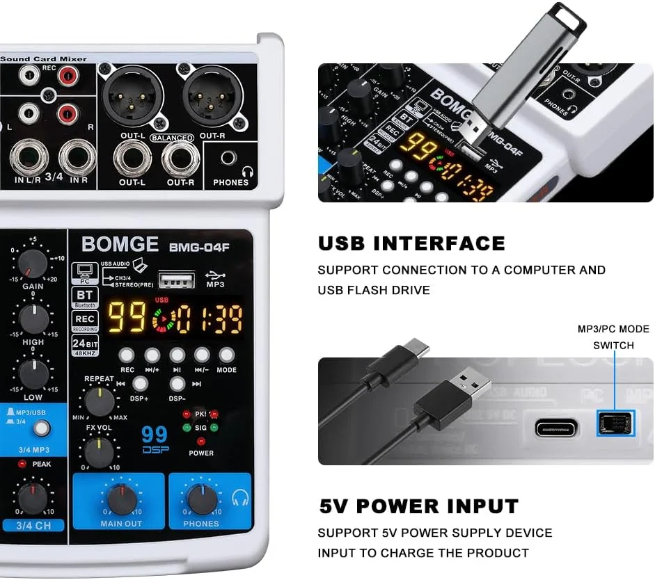 میکسر صوتی 4 کانال BOMGE DJ با رابط ضبط استریو MP3/USB/بلوتوث، (4 کانال - سفید) میکسر صوتی 4 کانال BOMGE DJ با رابط ضبط استریو MP3/USB/بلوتوث، (4 کانال - سفید)
