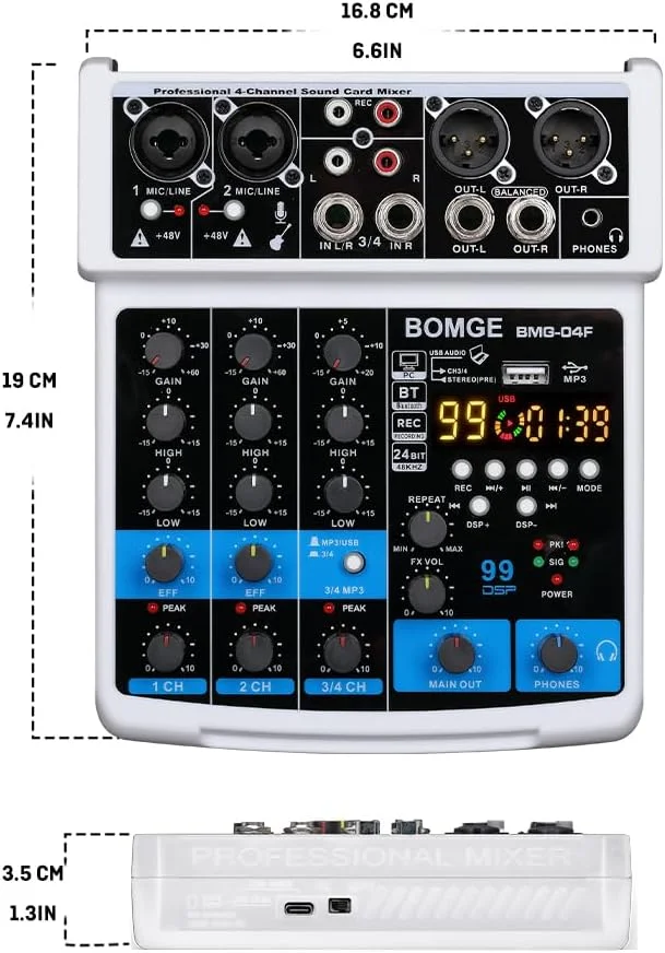 میکسر صوتی 4 کانال BOMGE DJ با رابط ضبط استریو MP3/USB/بلوتوث، (4 کانال - سفید) میکسر صوتی 4 کانال BOMGE DJ با رابط ضبط استریو MP3/USB/بلوتوث، (4 کانال - سفید)