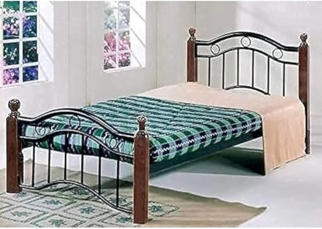 تخت خواب فلزی مشکی شیک ریچارد ALWASIT HOME با پایه های چوبی قهوه ای کلاسیک و تشک (8882)
