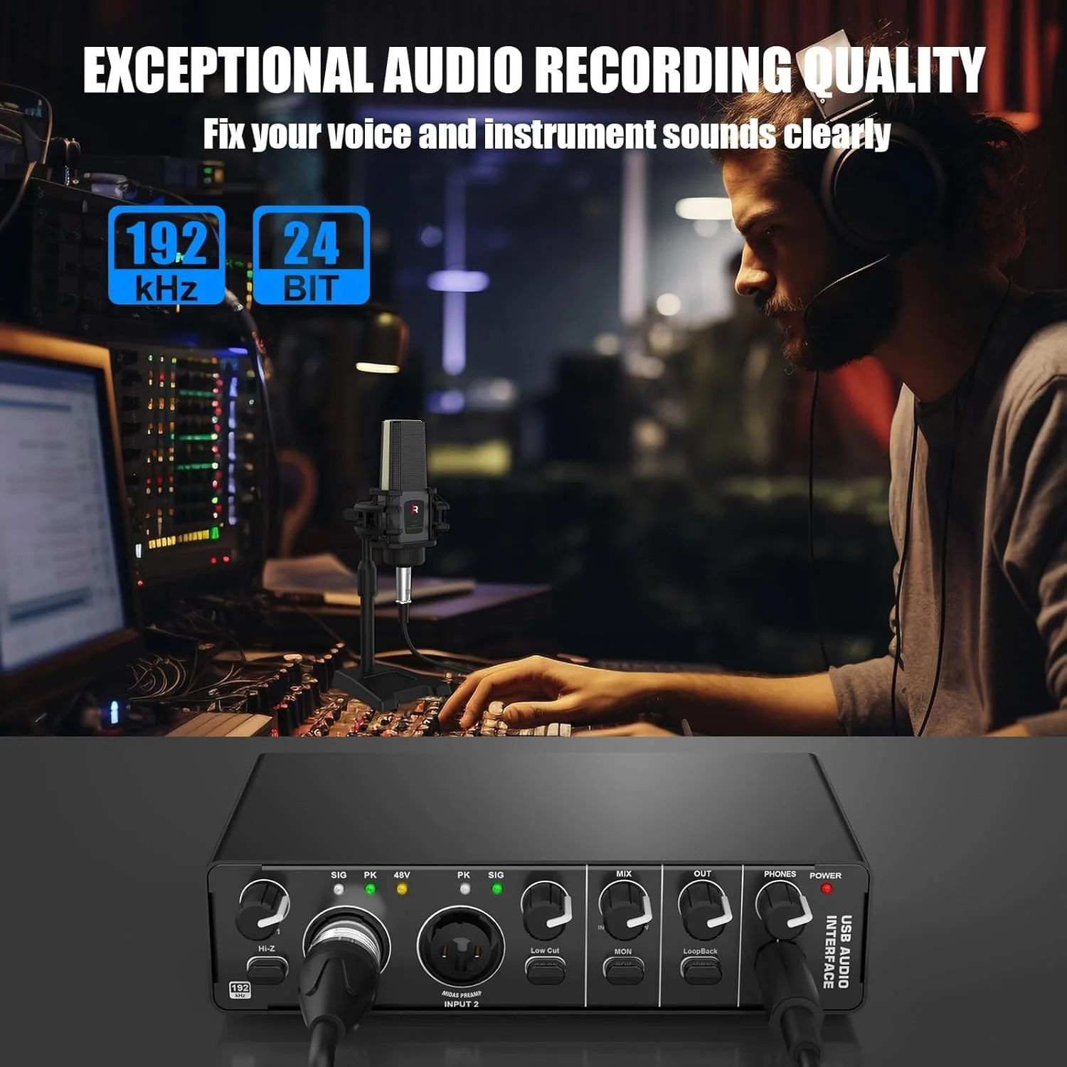 کارت صدای USB، کارت صدای RHM با 2 ورودی و 2 خروجی، میکسر صدای کنترلر DJ، با فانتوم پاور 48 ولت، میکسر صدا و پری امپ میکروفون پورت های XLR/TSR/TS، برای گیتاریست، خواننده، پادکستر یا تهیه کننده