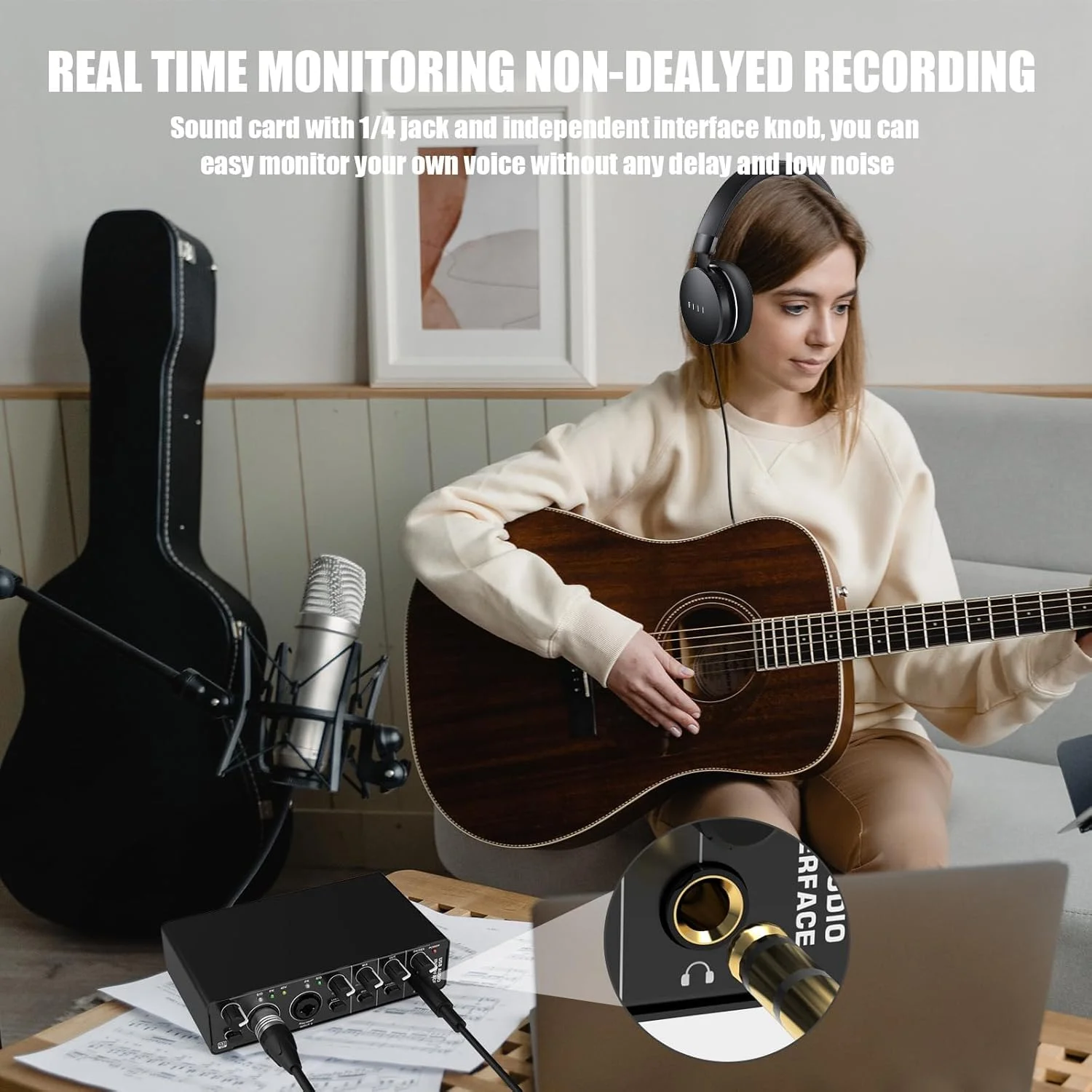 کارت صدای USB، کارت صدای RHM با 2 ورودی و 2 خروجی، میکسر صدای کنترلر DJ، با فانتوم پاور 48 ولت، میکسر صدا و پری امپ میکروفون پورت های XLR/TSR/TS، برای گیتاریست، خواننده، پادکستر یا تهیه کننده