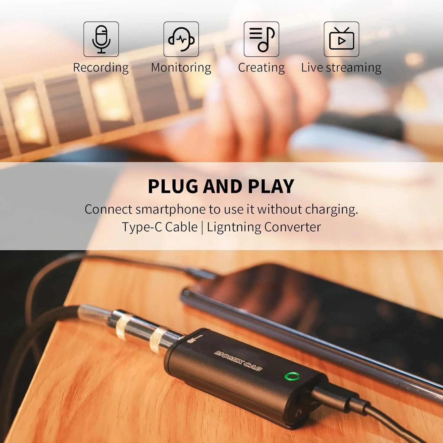 کارت صدای ضبط داخلی جیبی رابط صوتی گیتار KASTWAVE، با Type-C و Lightning، فرستنده و گیرنده رابط صوتی بی سیم، برای پخش زنده توسط تلفن و لپ تاپ (MOMIX CAB)