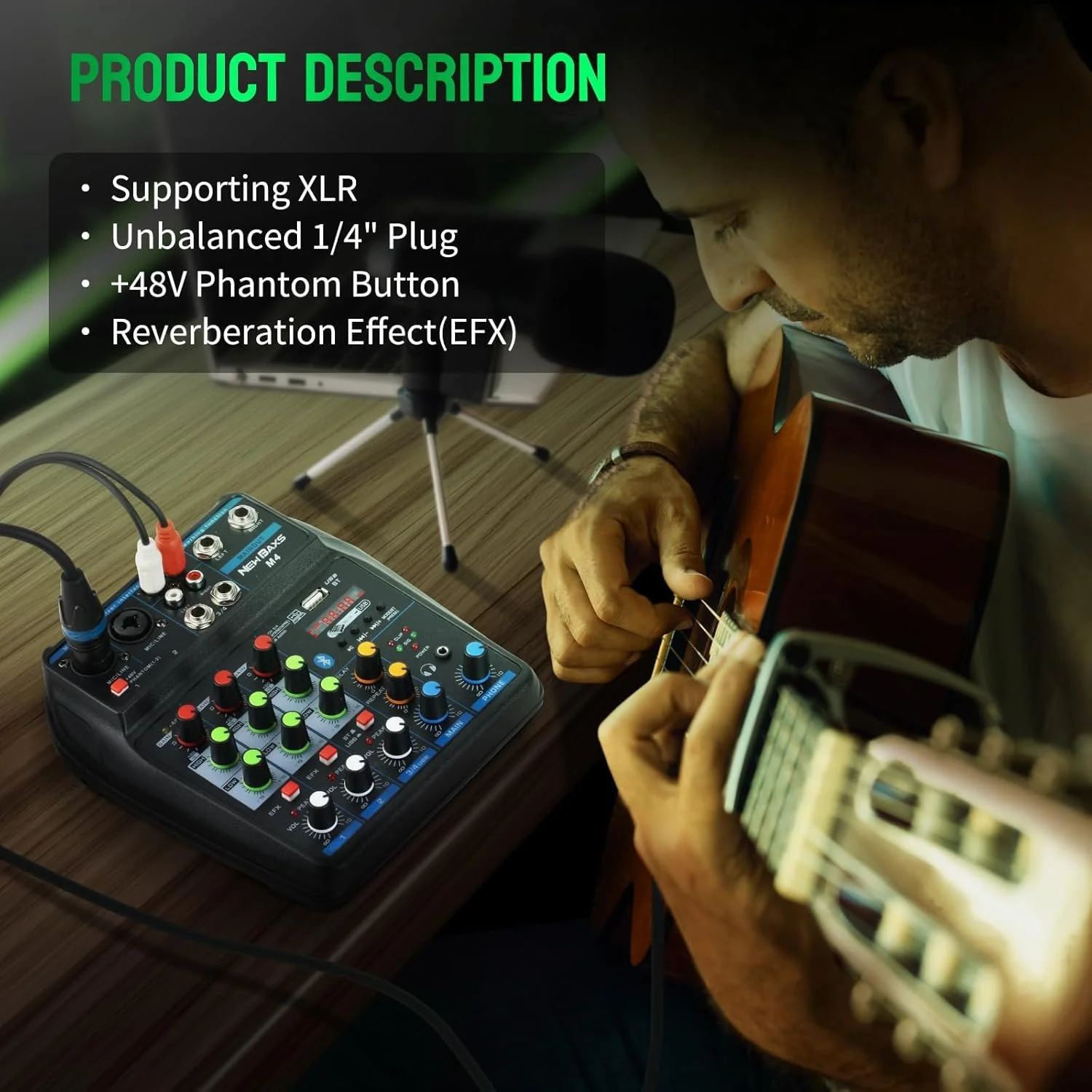 میکسر صوتی حرفه ای، میکسر DJ، تخته صدای 4 کاناله با بلوتوث، میکسر صدای جدید BAXS با رابط XLR/1/4 اینچ، استریو فانتوم پاور 48 ولت، برای ضبط، پخش زنده، پادکست