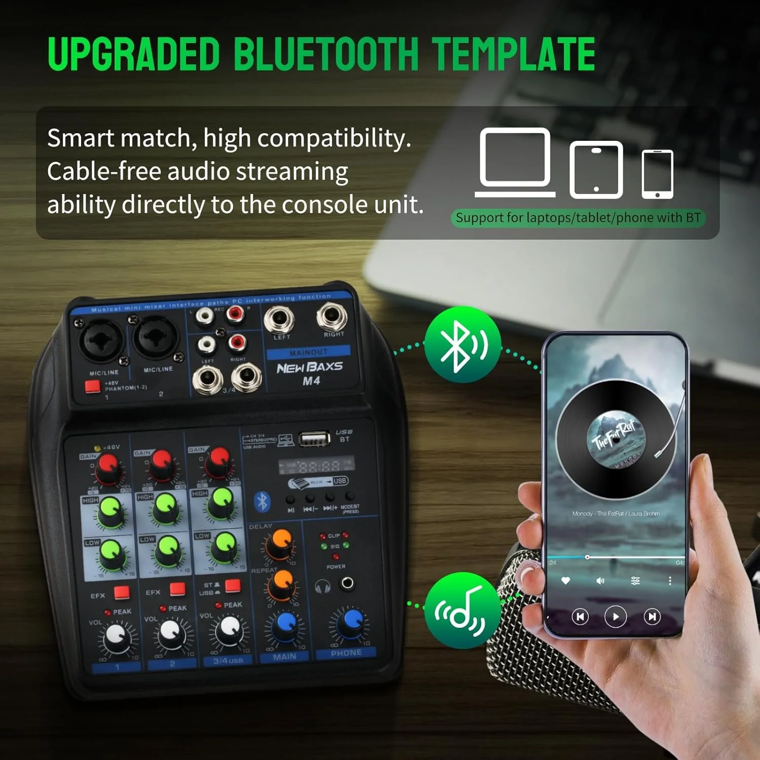 میکسر صوتی حرفه ای، میکسر DJ، تخته صدای 4 کاناله با بلوتوث، میکسر صدای جدید BAXS با رابط XLR/1/4 اینچ، استریو فانتوم پاور 48 ولت، برای ضبط، پخش زنده، پادکست