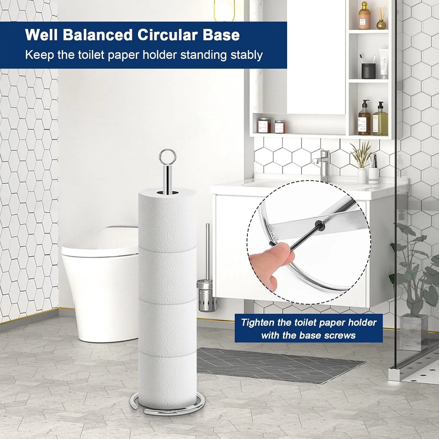 جا دستمال کاغذی توالت NearMoon، پایه نگهدارنده دستمال کاغذی ایستاده با مخزن ذخیره، جا توالت 4 رول برای پیشخوان حمام/آشپزخانه - تمام فلز، روکش کروم