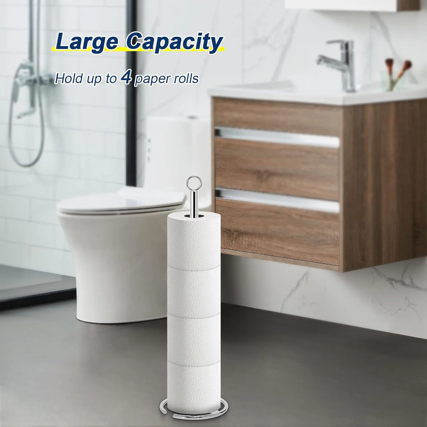 جا دستمال کاغذی توالت NearMoon، پایه نگهدارنده دستمال کاغذی ایستاده با مخزن ذخیره، جا توالت 4 رول برای پیشخوان حمام/آشپزخانه - تمام فلز، روکش کروم
