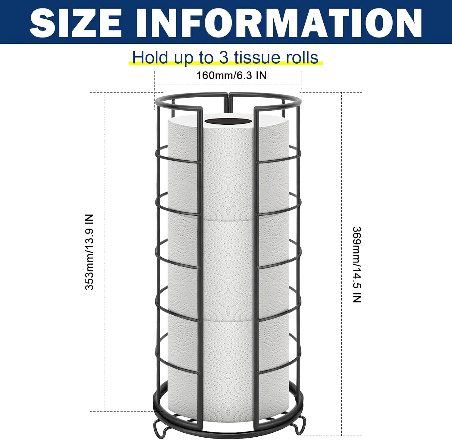 استند نگهدارنده دستمال توالت NearMoon، ایستاده با قابلیت نگهداری 3 رول دستمال کاغذی، لوازم جانبی فلزی حمام، جا دستمال رولی ضد زنگ برای روی میز آشپزخانه داخل قفسه کابینت (پایه فلزی، مشکی مات)