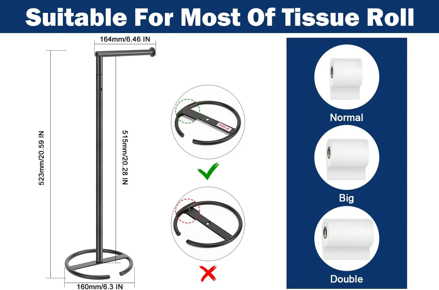 جا دستمال کاغذی توالت NearMoon - جا رولی دستمال کاغذی ایستاده مدرن با پایه متعادل، جا رولی توالت ضد زنگ برای پیشخوان حمام/آشپزخانه (مشکی مات، پایه فلزی)
