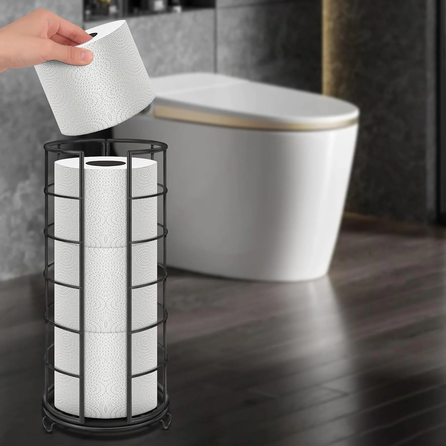 استند نگهدارنده دستمال توالت NearMoon، ایستاده با قابلیت نگهداری 3 رول دستمال کاغذی، لوازم جانبی فلزی حمام، جا دستمال رولی ضد زنگ برای روی میز آشپزخانه داخل قفسه کابینت (پایه فلزی، مشکی مات)