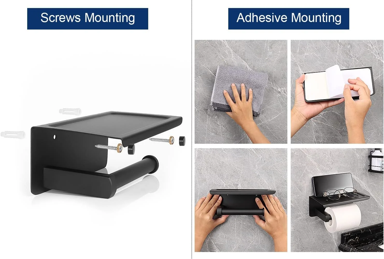 نگهدارنده دستمال توالت خود چسب NearMoon با قفسه، نگهدارنده رول توالت حمام استیل ضد زنگ سنگین با قفسه تلفن بدون نیاز به سوراخ کاری یا آویز دستمال کاغذی دیواری برای حمام/آشپزخانه (مشکی مات)