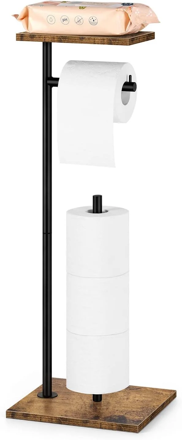 جا دستمال توالت ایستاده BTY با قفسه، نگهدارنده رول دستمال کاغذی، پخش کننده دستمال توالت با قفسه، مناسب برای نگهداری دستمال توالت حمام، قهوه ای روستیک
