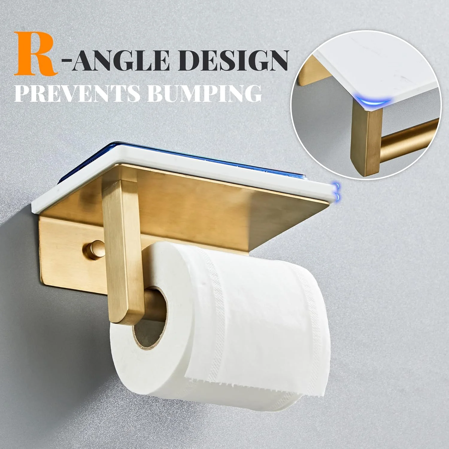 BTHRMHW Brushed Gold Toilet Paper Holder with Shelf, 304 Stainless Steel Screw Wall Mounted, Marble Tissue Roll Holder with Storage