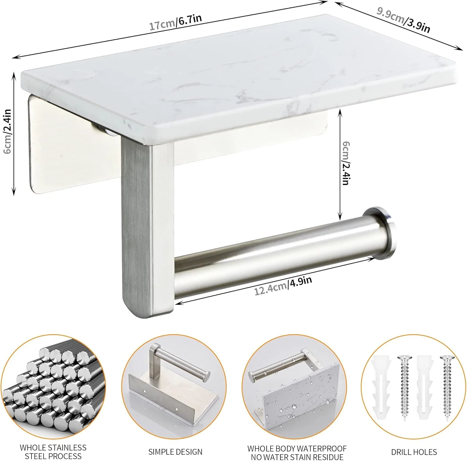 جا دستمال کاغذی نیکل برس خورده با قفسه سنگ مرمر طبیعی، نصب دیواری با پیچ استیل 304، نگهدارنده رول دستمال کاغذی مرمر با فضای ذخیره سازی