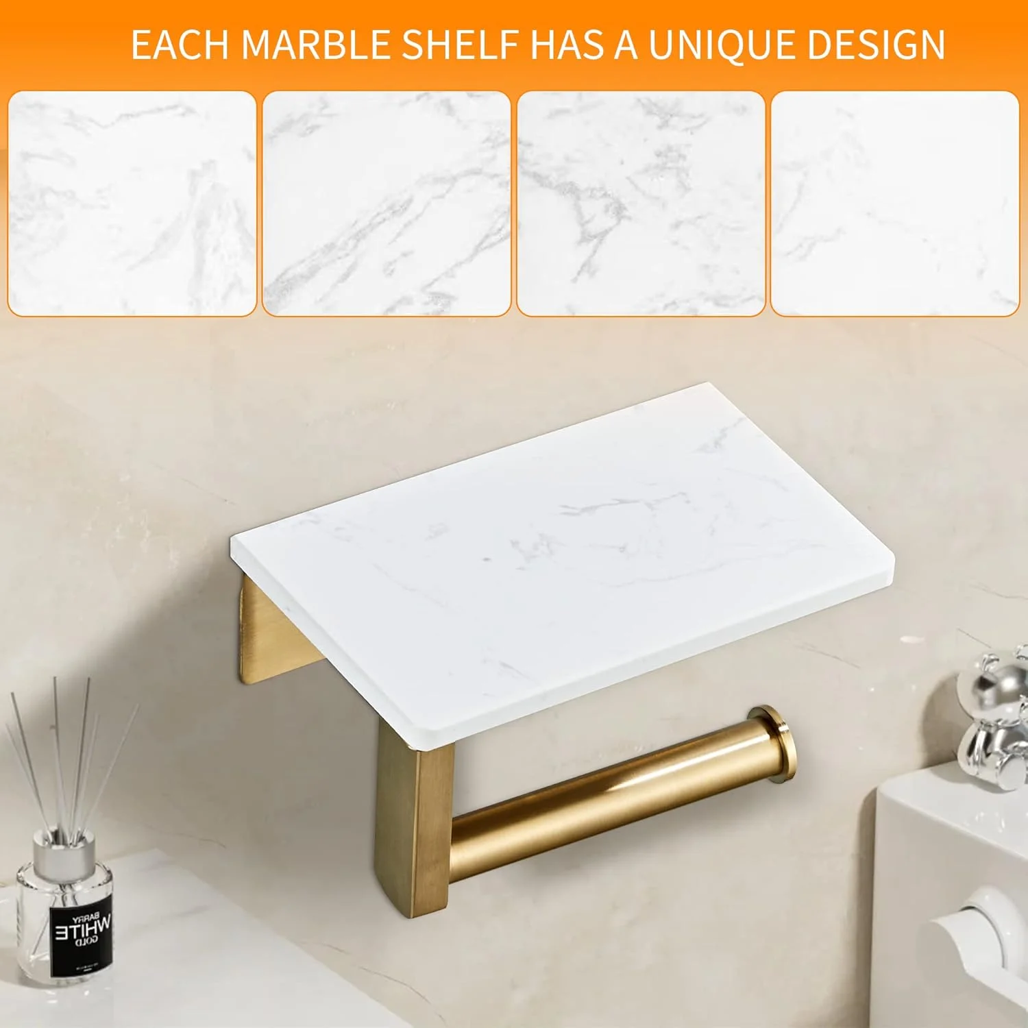 BTHRMHW Brushed Gold Toilet Paper Holder with Shelf, 304 Stainless Steel Screw Wall Mounted, Marble Tissue Roll Holder with Storage