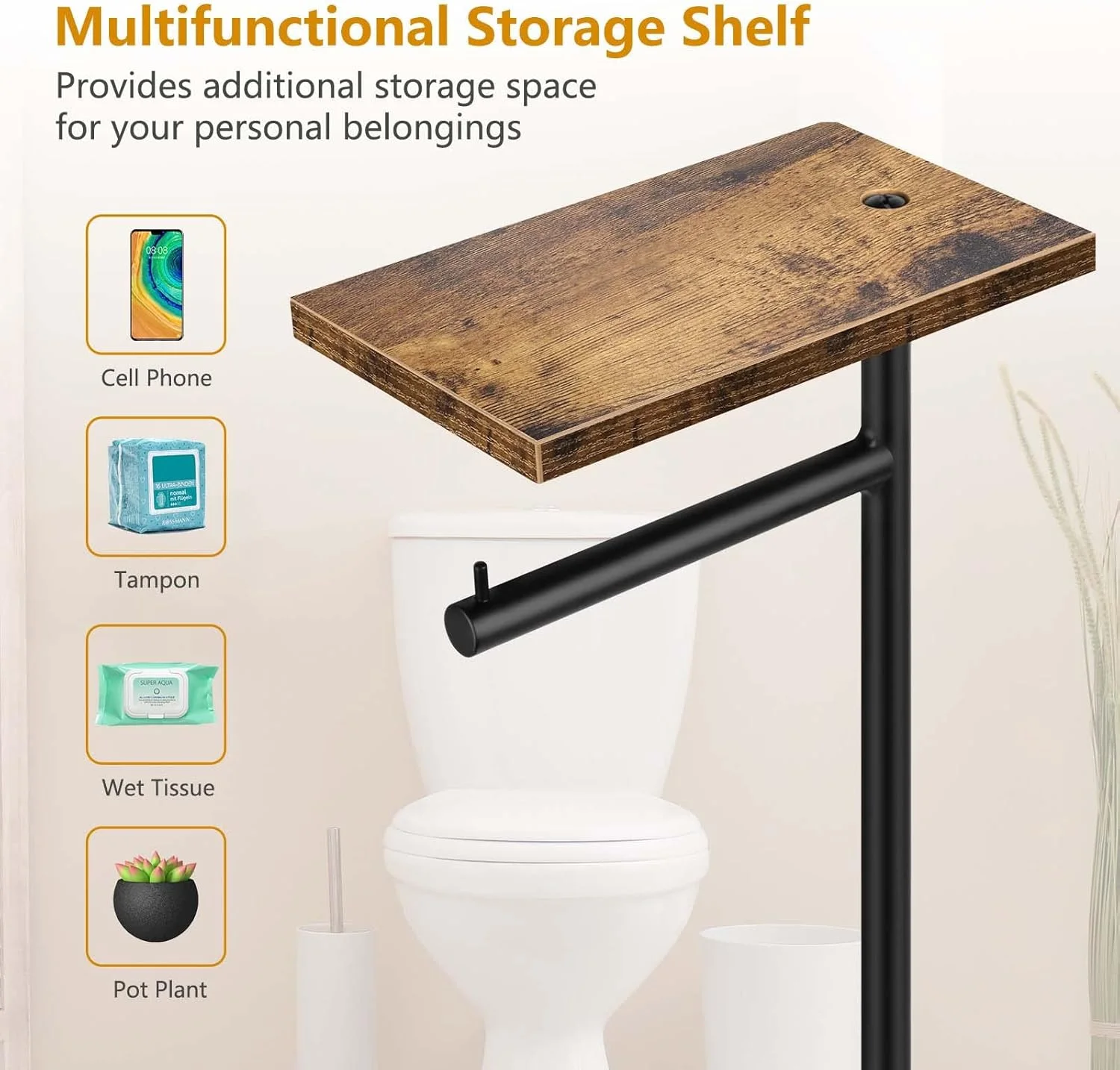 جا دستمال توالت ایستاده BTY با قفسه، نگهدارنده رول دستمال کاغذی، پخش کننده دستمال توالت با قفسه، مناسب برای نگهداری دستمال توالت حمام، قهوه ای روستیک