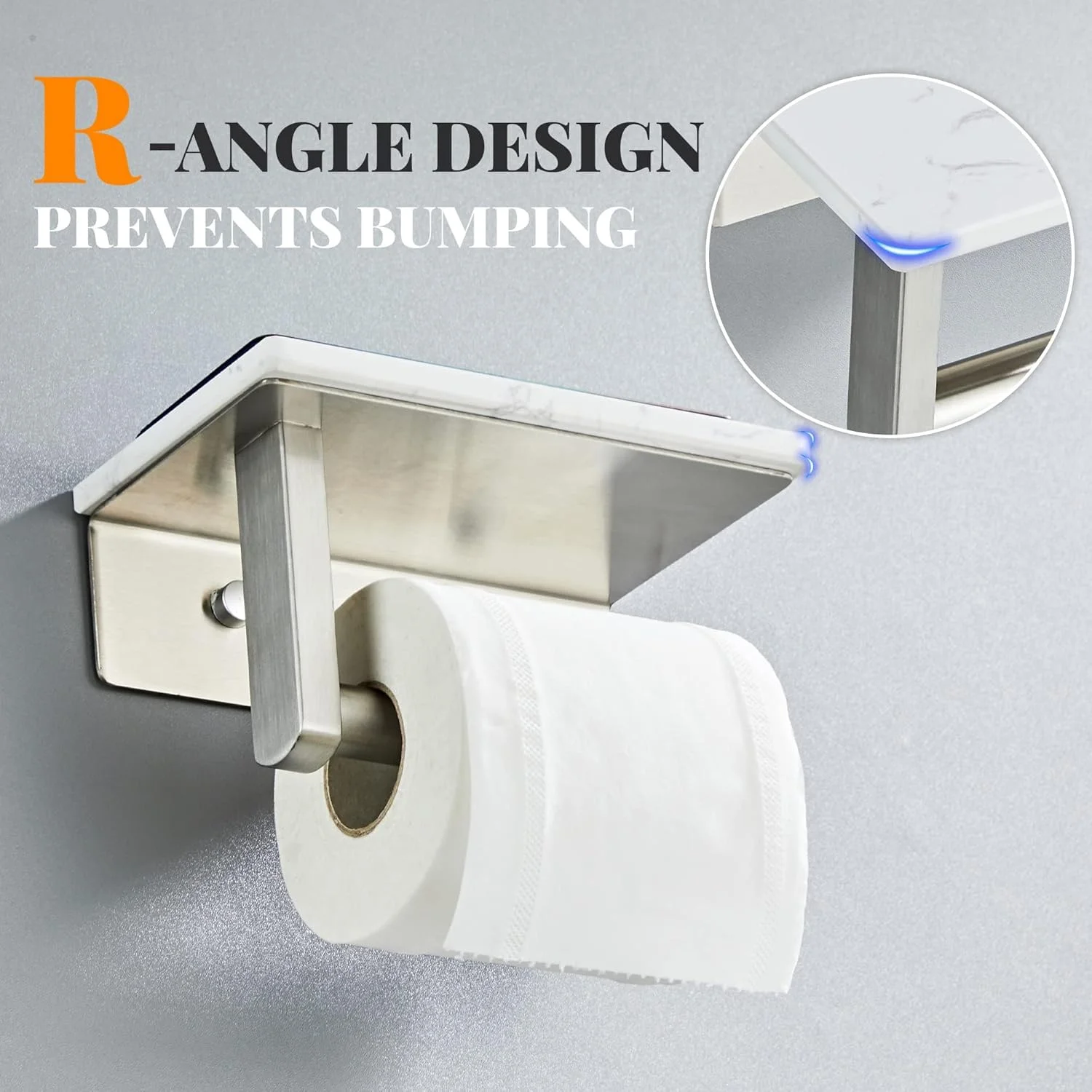 جا دستمال کاغذی نیکل برس خورده با قفسه سنگ مرمر طبیعی، نصب دیواری با پیچ استیل 304، نگهدارنده رول دستمال کاغذی مرمر با فضای ذخیره سازی