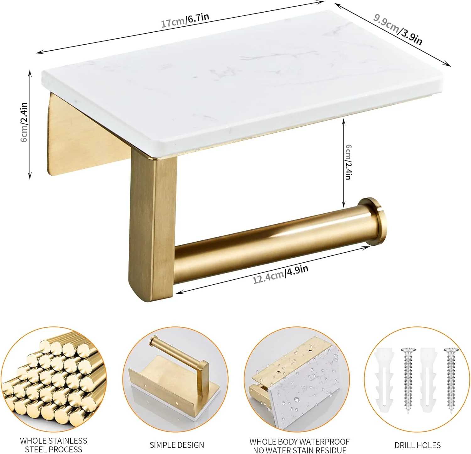 BTHRMHW Brushed Gold Toilet Paper Holder with Shelf, 304 Stainless Steel Screw Wall Mounted, Marble Tissue Roll Holder with Storage