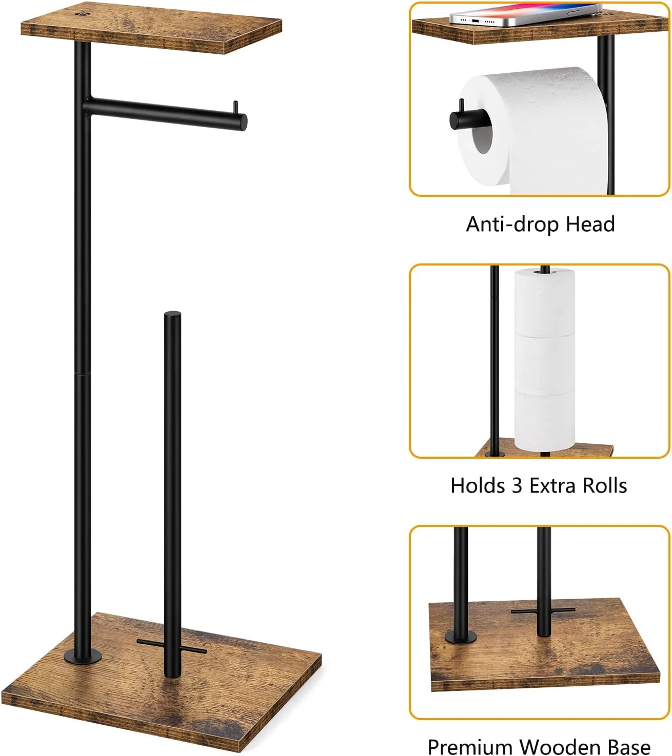 جا دستمال توالت ایستاده BTY با قفسه، نگهدارنده رول دستمال کاغذی، پخش کننده دستمال توالت با قفسه، مناسب برای نگهداری دستمال توالت حمام، قهوه ای روستیک