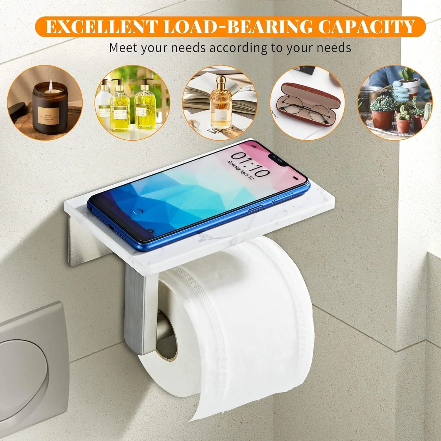 جا دستمال کاغذی نیکل برس خورده با قفسه سنگ مرمر طبیعی، نصب دیواری با پیچ استیل 304، نگهدارنده رول دستمال کاغذی مرمر با فضای ذخیره سازی